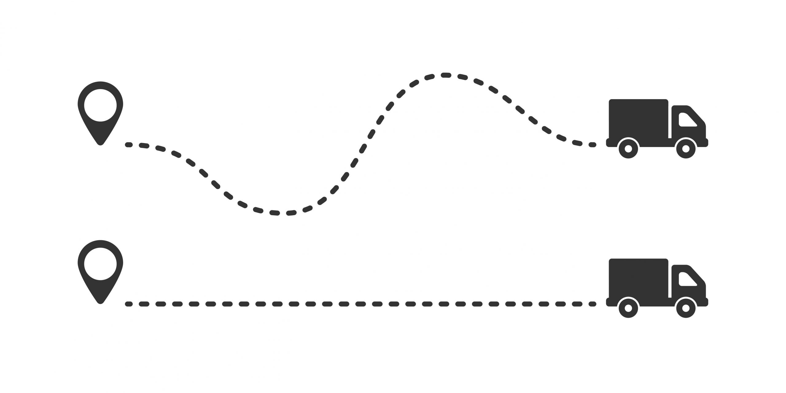 Multiple truck trakes with dotted lines. Pin map location of truck delivery on route icon design element on white background